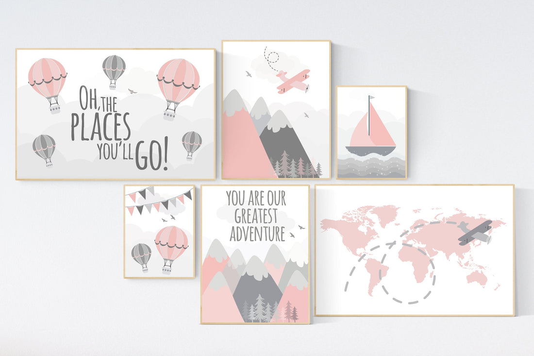 Adventure nursery wall art set, nursery decor girl, travel theme nursery, blush pink, adventure awaits, world map, baby nursery decor