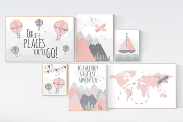 Adventure nursery wall art set, nursery decor girl, travel theme nursery, blush pink, adventure awaits, world map, baby nursery decor