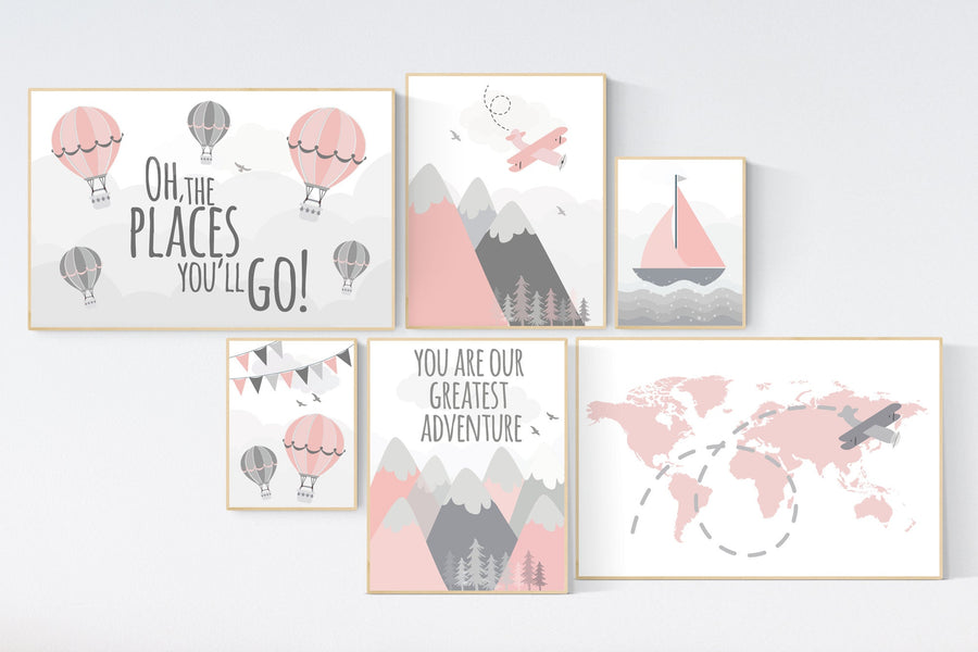 Adventure nursery wall art set, nursery decor girl, travel theme nursery, blush pink, adventure awaits, world map, baby nursery decor