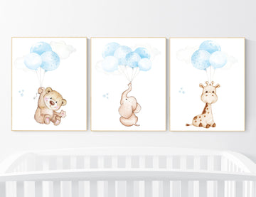 Nursery decor boy, animal prints for nursery, elephant nursery art, bear nursery decor, giraffe nursery print, balloon animal nursery decor