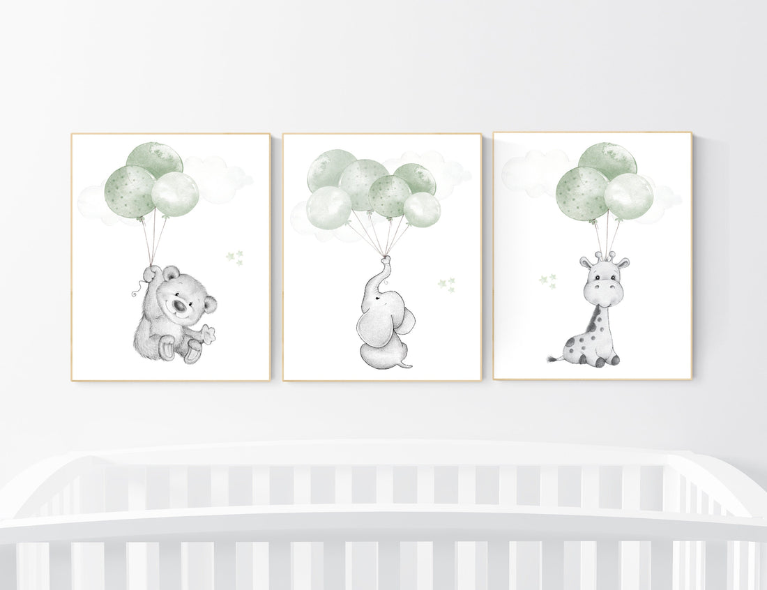 Nursery wall art animals, green nursery, gender neutral nursery, sage green, baby room decor, bear, elephant, giraffe, animal prints