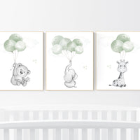 Nursery wall art animals, green nursery, gender neutral nursery, sage green, baby room decor, bear, elephant, giraffe, animal prints