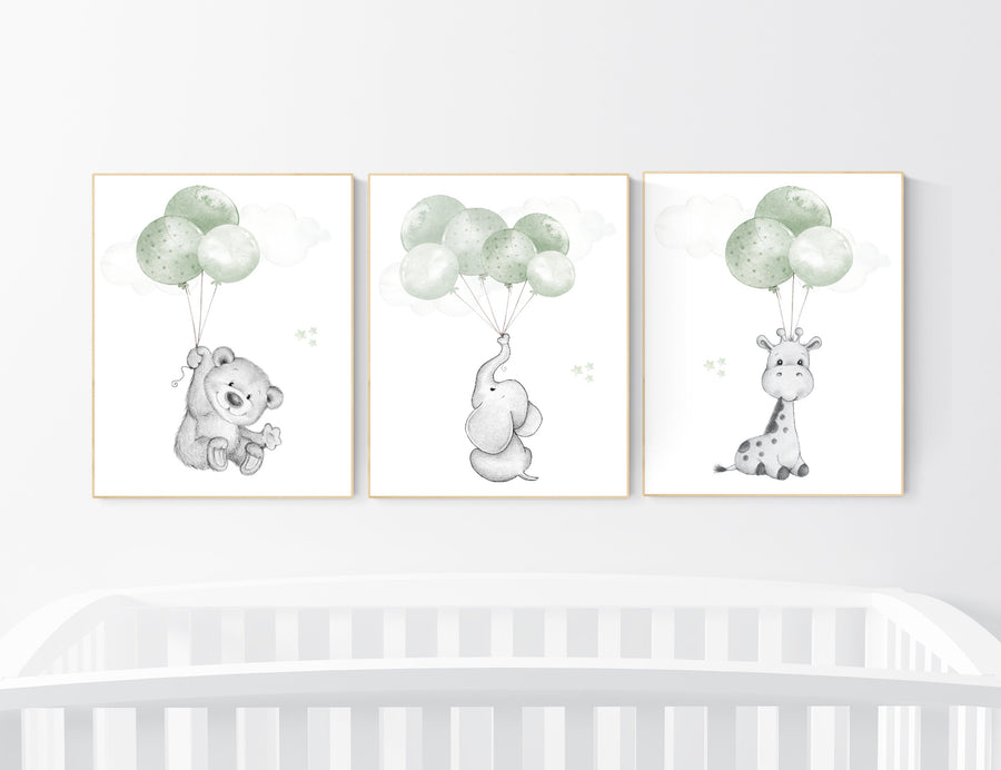 Nursery wall art animals, green nursery, gender neutral nursery, sage green, baby room decor, bear, elephant, giraffe, animal prints