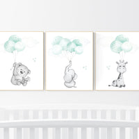 Mint nursery wall art, gender neutral, elephant nursery wall art, animal prints, elephant balloon print, mint green, twin nursery, balloons