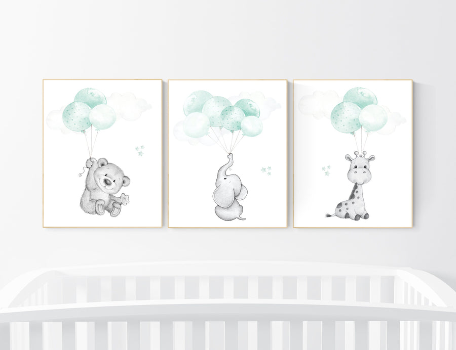 Mint nursery wall art, gender neutral, elephant nursery wall art, animal prints, elephant balloon print, mint green, twin nursery, balloons