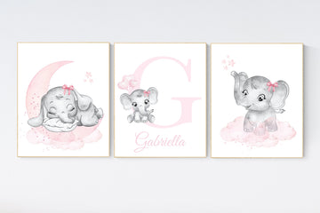 Nursery wall art girl elephant, pink and grey, nursery decor girl pink, moon, stars, nursery prints, baby room decor, girl nursery, animals