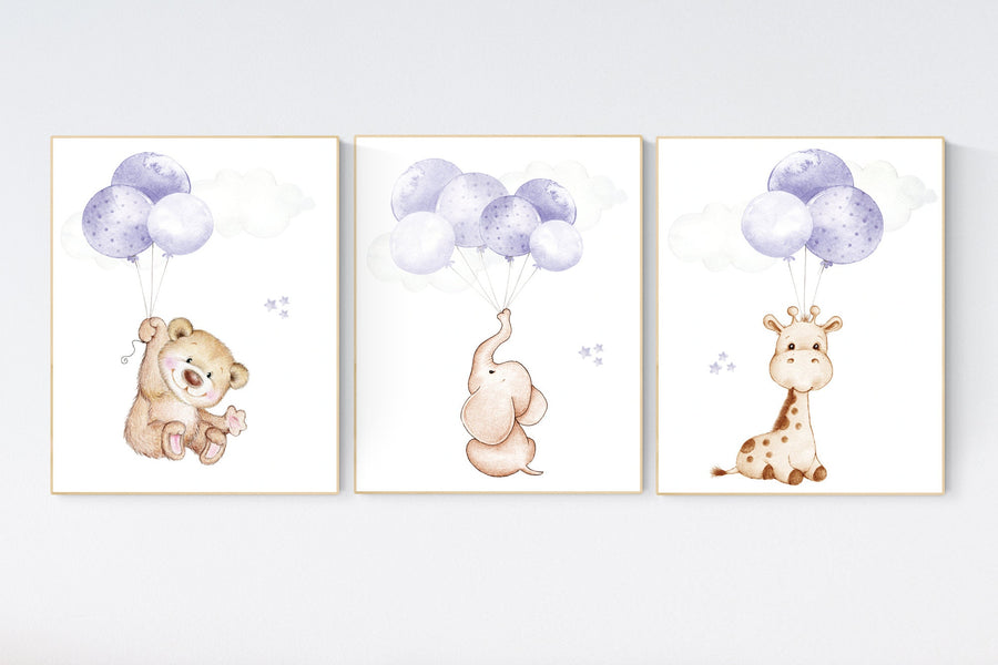 Nursery decor girl purple, animal prints for nursery, lavender nursery, animal nursery prints, balloon nursery, girl nursery room decor