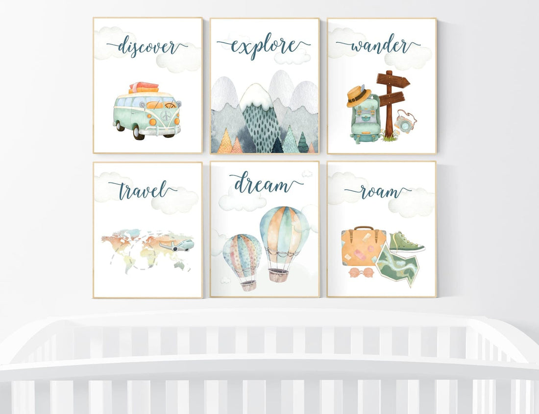 CANVAS LISTING: Travel nursery print, Explore nursery wall art, Baby boy nursery, Adventure Set of 6 prints, Camping Prints