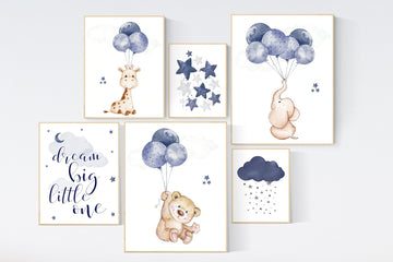 Nursery decor boy, animal prints for nursery, elephant nursery, boy nursery wall art, dream big little one, balloon nursery, giraffe nursery