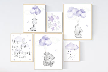 Purple nursery decor, animal nursery decor, girl nursery decor purple, nursery wall art girl, lavender nursery decor, girls room wall decor