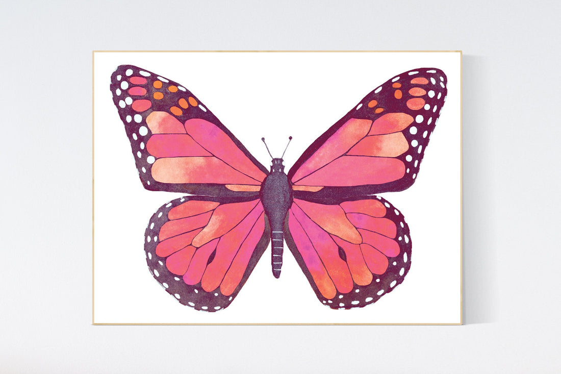 Nursery decor girl butterfly, pink nursery, Butterfly Nursery Art, butterfly prints, Butterfly Art, pink and orange, girls room decor