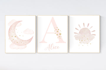 Nursery prints rainbow, blush Nursery decor girl, blush gold nursery wall art, blush pink, moon star, cloud, nursery wall art, sun nursery