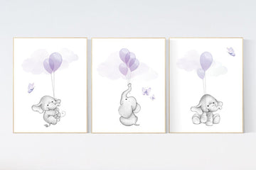 Nursery decor girl purple,  elephant nursery, lavender and gray, lilac, elephant balloons, butterfly nursery, purple nursery, girl nursery