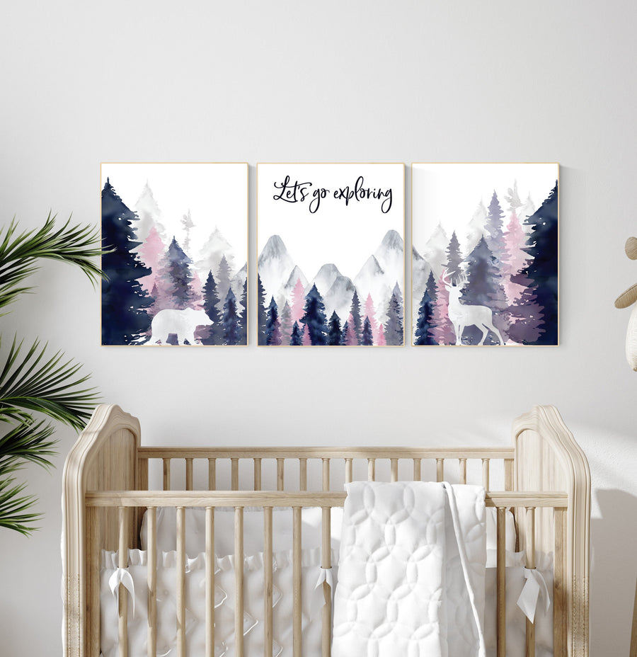 Woodland nursery, girl nursery decor, pink and navy nursery, mountain wall art, tree nursery decor, forest nursery, girl nursery decor