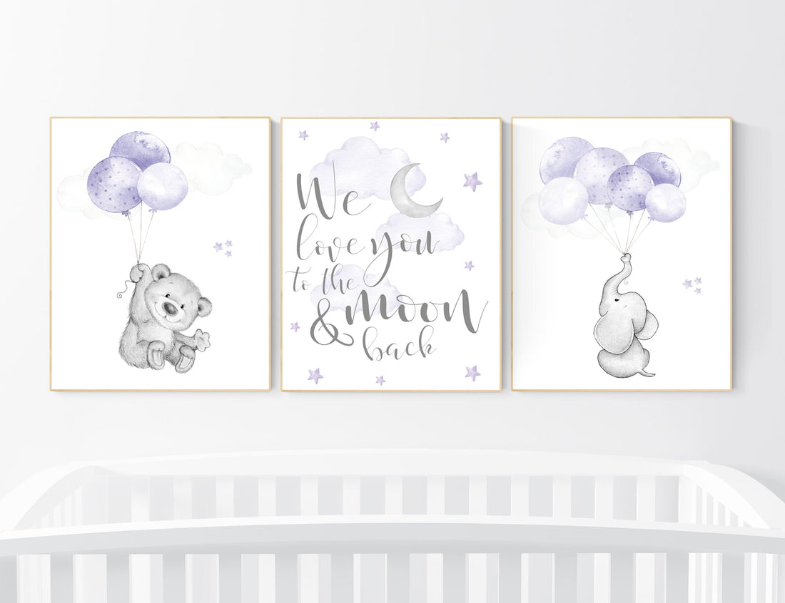 Nursery decor girl purple, elephant nursery, lavender and gray, elephant balloons, purple nursery, girl nursery ideas, lilac nursery