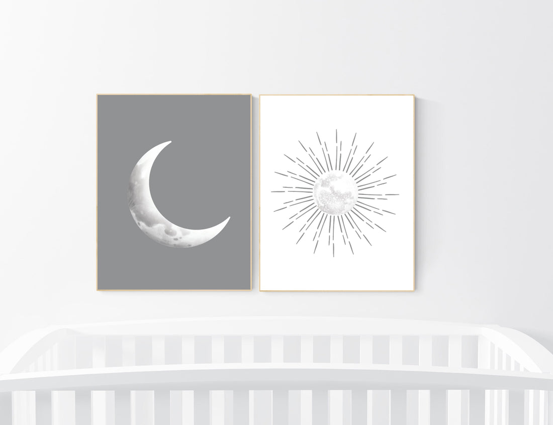 Grey nursery decor, gray nursery decor, sun and moon, grey, moon and stars nursery, gender neutral nursery wall art, sunshine, moon