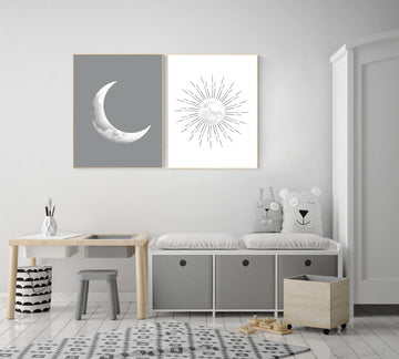 Grey nursery decor, gray nursery decor, sun and moon, grey, moon and stars nursery, gender neutral nursery wall art, sunshine, moon