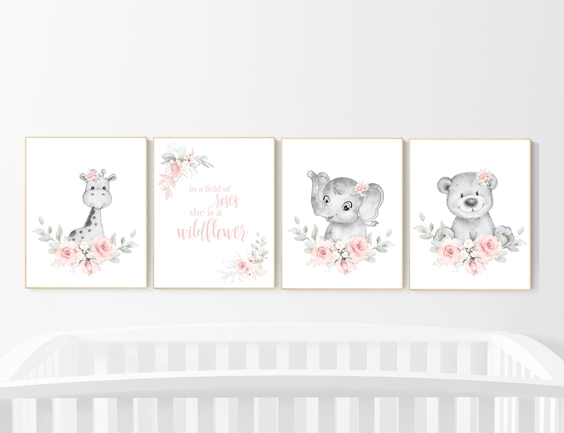 Boho nursery wall art, girl nursery decor, jungle animals, floral nursery, animal nursery prints, flower nursery, girl room decor