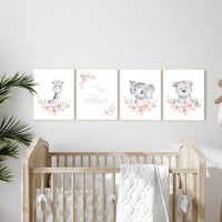 Boho nursery wall art, girl nursery decor, jungle animals, floral nursery, animal nursery prints, flower nursery, girl room decor