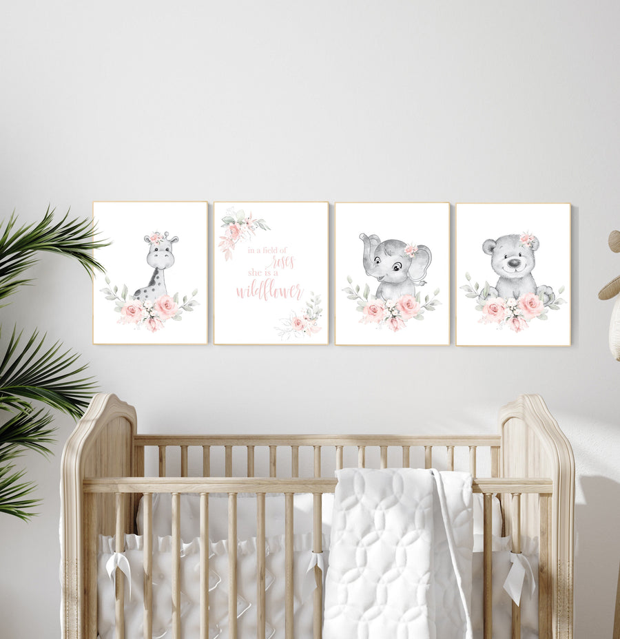 Boho nursery wall art, girl nursery decor, jungle animals, floral nursery, animal nursery prints, flower nursery, girl room decor