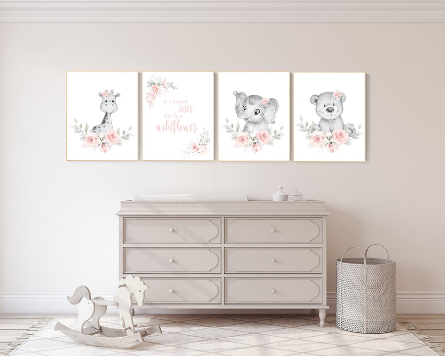 Boho nursery wall art, girl nursery decor, jungle animals, floral nursery, animal nursery prints, flower nursery, girl room decor