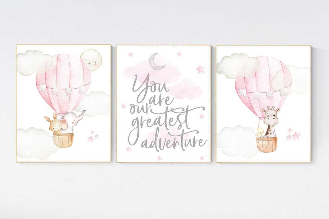 Nursery decor girl woodland, hot air balloon nursery, nursery decor woodland animal, hot air balloon nursery animal, pink nursery print