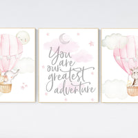 Nursery decor girl woodland, hot air balloon nursery, nursery decor woodland animal, hot air balloon nursery animal, pink nursery print