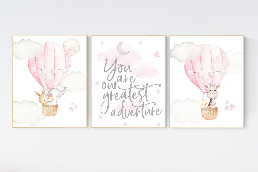 Nursery decor girl woodland, hot air balloon nursery, nursery decor woodland animal, hot air balloon nursery animal, pink nursery print