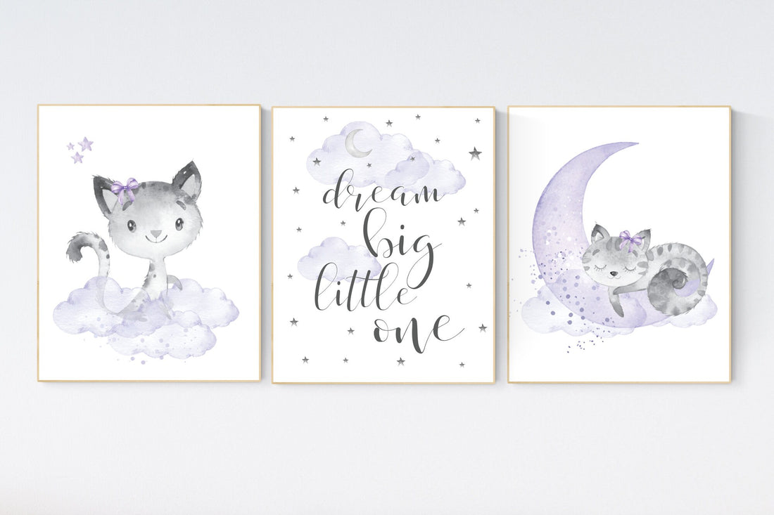 Cat nursery print, kitten nursery print, nursery decor girl, nursery art girl dream big, cat print, purple nursery, lilac nursery