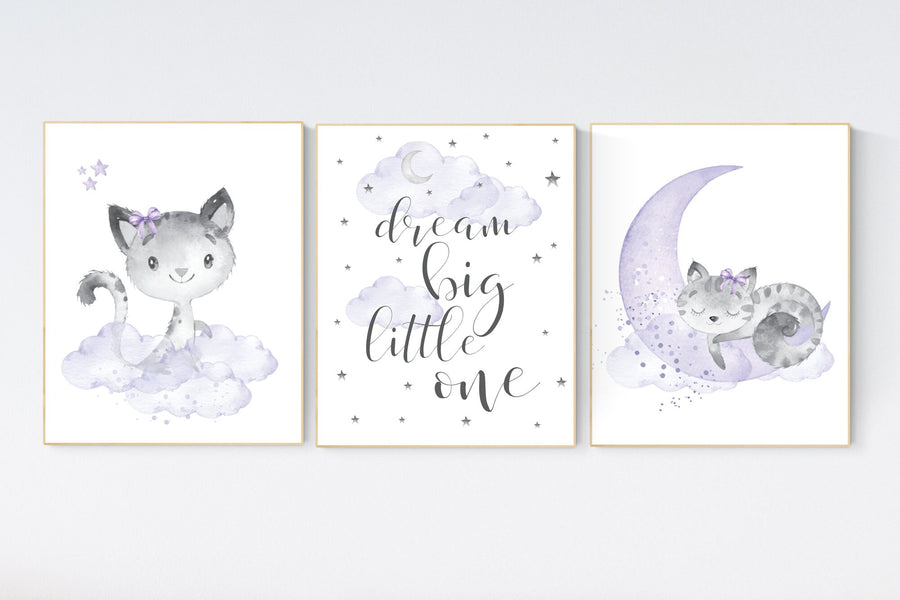 Cat nursery print, kitten nursery print, nursery decor girl, nursery art girl dream big, cat print, purple nursery, lilac nursery