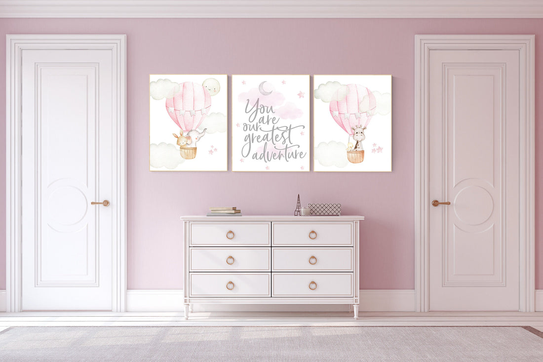Nursery decor girl woodland, hot air balloon nursery, nursery decor woodland animal, hot air balloon nursery animal, pink nursery print