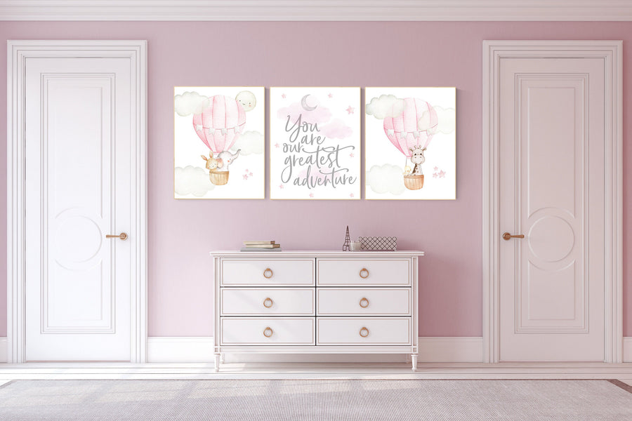 Nursery decor girl woodland, hot air balloon nursery, nursery decor woodland animal, hot air balloon nursery animal, pink nursery print
