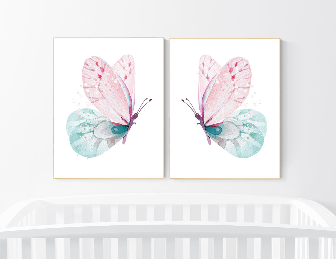 Butterfly nursery, girl nursery, Nursery decor girl pink and teal, butterfly nursery wall art, pink teal nursery, girl nursery decor