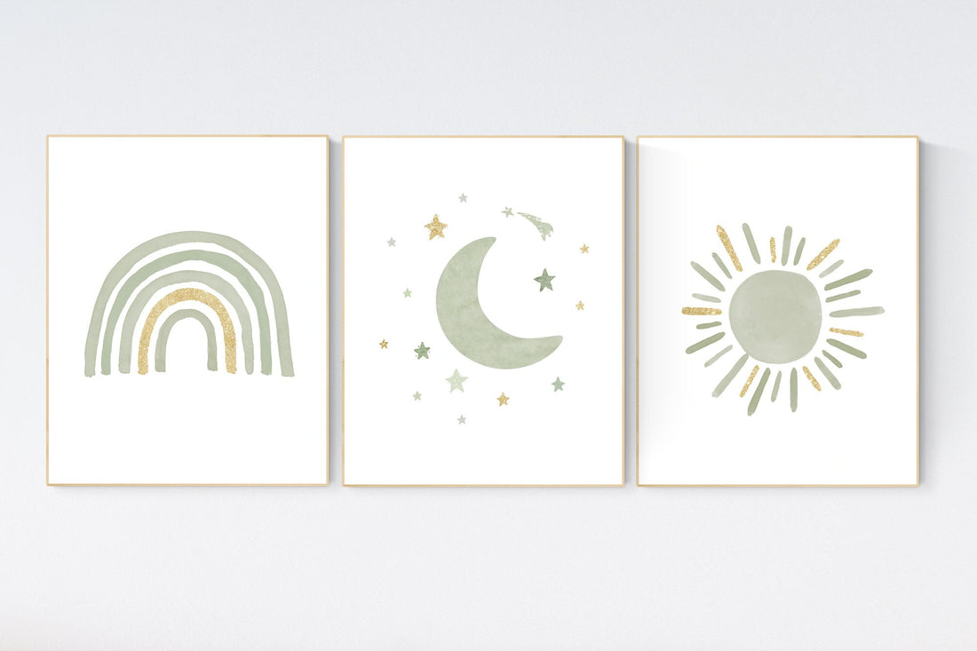 Nursery prints rainbow, gender neutral, sage green nursery wall decor, rainbow, sun, nursery decor neutral, green and gold