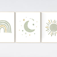 Nursery prints rainbow, gender neutral, sage green nursery wall decor, rainbow, sun, nursery decor neutral, green and gold