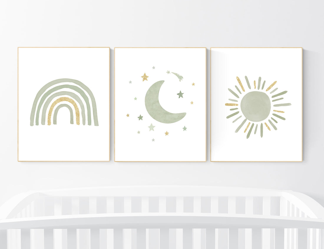 Nursery prints rainbow, gender neutral, sage green nursery wall decor, rainbow, sun, nursery decor neutral, green and gold