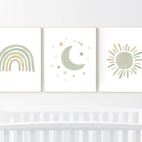 Nursery prints rainbow, gender neutral, sage green nursery wall decor, rainbow, sun, nursery decor neutral, green and gold