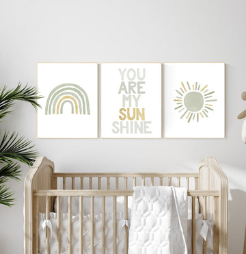 Nursery prints rainbow, gender neutral, sage green nursery wall decor, rainbow, you are my sunshine, nursery decor neutral, green and gold