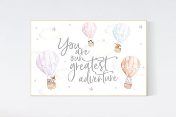 Nursery decor gender neutral, you are our greatest adventure, Hot air balloon nursery, safari animals, twin nursery, playroom decor, balloon