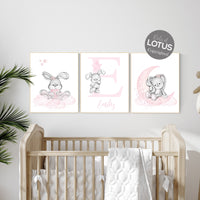 Nursery wall art bunny, pink nursery decor, Nursery decor girl flower bunny, bunny print nursery girl, rabbit nursery, rabbit print nursery