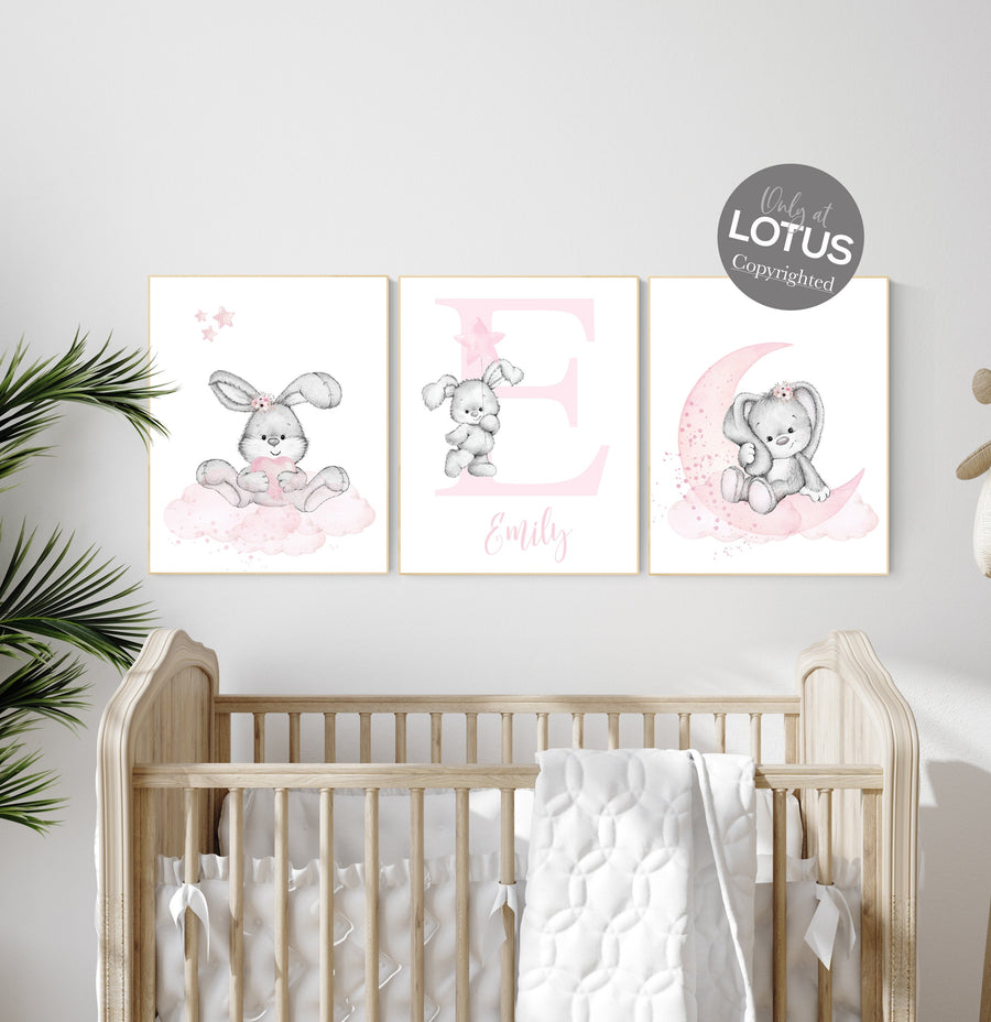 Nursery wall art bunny, pink nursery decor, Nursery decor girl flower bunny, bunny print nursery girl, rabbit nursery, rabbit print nursery