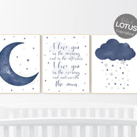 Nursery decor boy navy blue, Nursery wall art boy, navy nursery decor, moon and stars, nursery prints boy, I love you in the morning