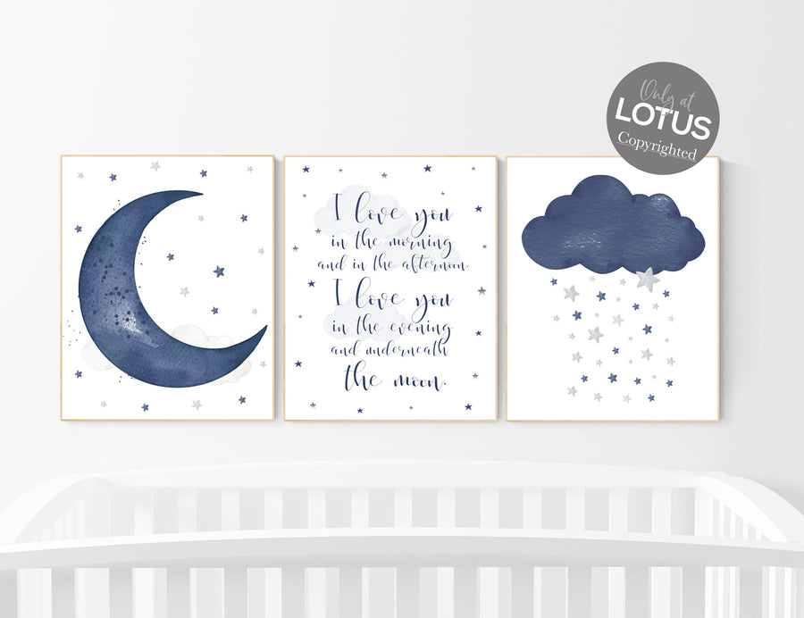 Nursery decor boy navy blue, Nursery wall art boy, navy nursery decor, moon and stars, nursery prints boy, I love you in the morning