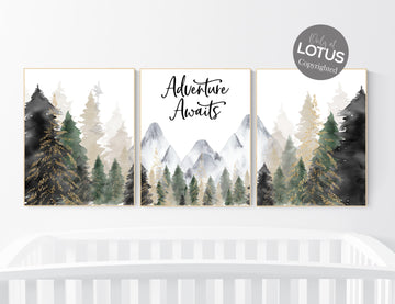 Nursery decor woodland, mountain wall art, tree nursery decor, adventure theme nursery, forest, sage green, beige, woodland animals
