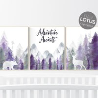 Nursery decor woodland, mountain wall art, tree nursery decor, adventure theme nursery, forest, navy, purple nursery, woodland animals