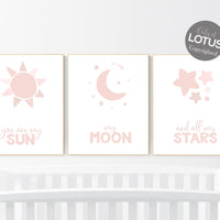 Girl nursery decor, moon nursery wall art, blush pink nursery, You Are My Sun My Moon And All My Stars, moon and sun nursery, nursery prints