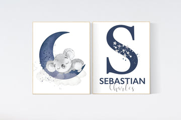 Navy nursery decor, koala nursery, moon and stars, navy blue nursery art, nursery prints animals, boy nursery decor, koala mother and baby