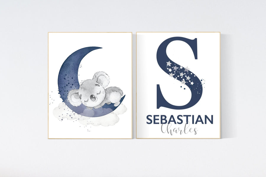 Navy nursery decor, koala nursery, moon and stars, navy blue nursery art, nursery prints animals, boy nursery decor, koala mother and baby