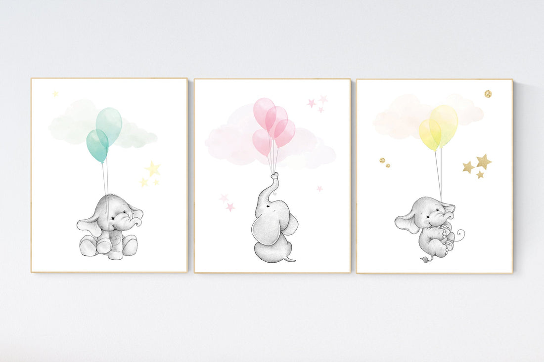 Blue pink yellow nursery decor, nursery decor elephant, animal prints, nursery decor boy elephant, nursery decor girl elephant pastel colors