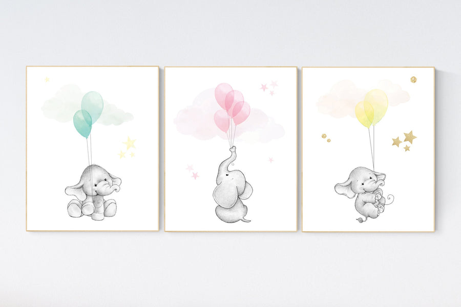 Blue pink yellow nursery decor, nursery decor elephant, animal prints, nursery decor boy elephant, nursery decor girl elephant pastel colors